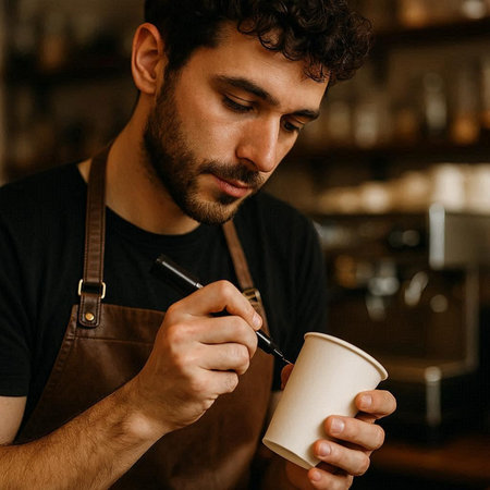 Portrait of a handsome barista in apron holding a cup of coffee and writing on paperの写真素材