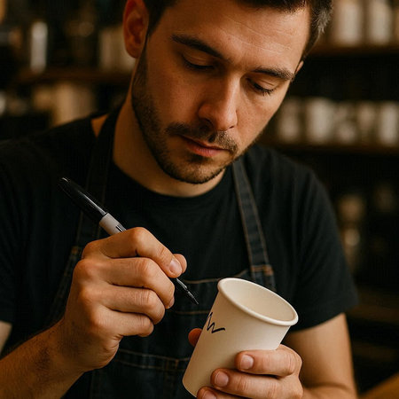 Close up of young caucasian male barista in apron drawing on paper cup of coffee.