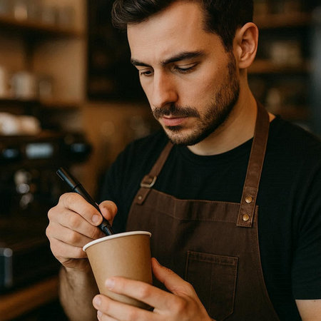 Barista in apron holding disposable cup of coffee and writing in notebookの写真素材