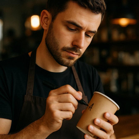 Portrait of a young handsome barista in black apron holding a paper cup of coffee.の写真素材