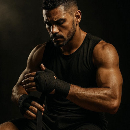Portrait of an African-American boxer in a black T-shirt with a bandage on his hands. Studio shot...