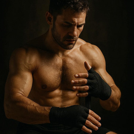 Portrait of muscular boxer in black gloves. Studio shot over dark background.