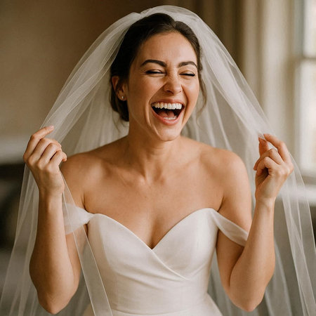 Beautiful bride in wedding dress posing and smiling while preparing for the wedding ceremonyの写真素材