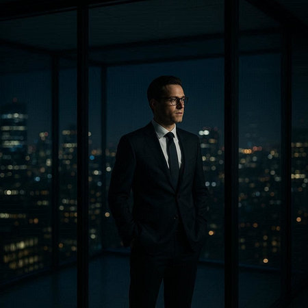 Businessman standing in front of a window overlooking the city at night