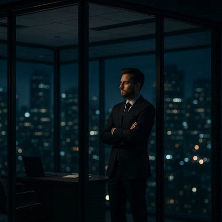 Businessman standing in front of a window overlooking the city at night
