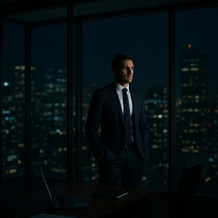 Confident businessman standing in office with night city view on background.の写真素材