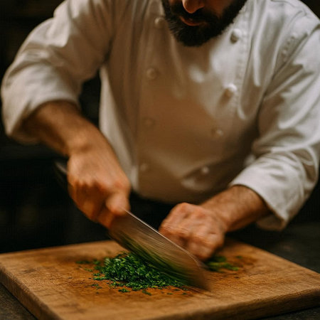 Chef cutting parsley on a wooden board in a restaurant kitchenの写真素材