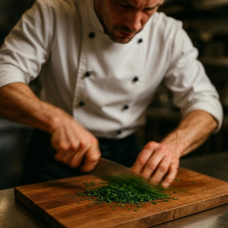 Chef cutting parsley on a wooden board in a restaurant kitchenの写真素材