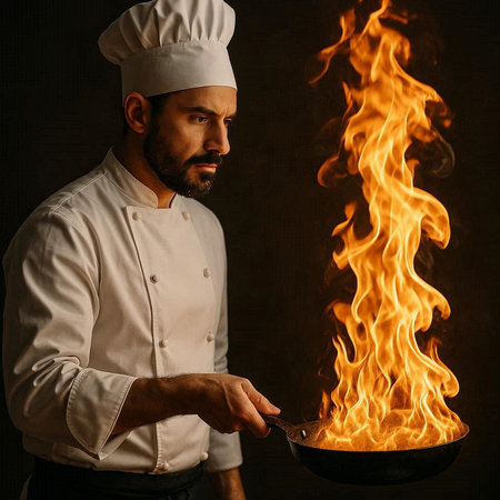 Portrait of a male chef holding a frying pan with fire on dark backgroundの写真素材
