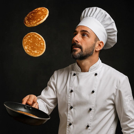 Chef with frying pan and falling pancake on black background.