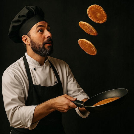 Portrait of a bearded man in a chef hat and apron holding frying pan with pancakes on dark backgroundの写真素材