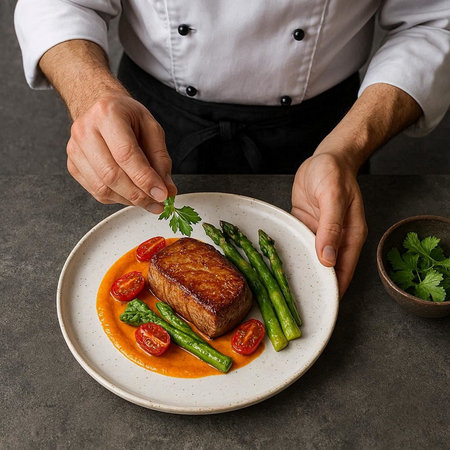 chef in white uniform decorates dish with asparagus and beefの写真素材