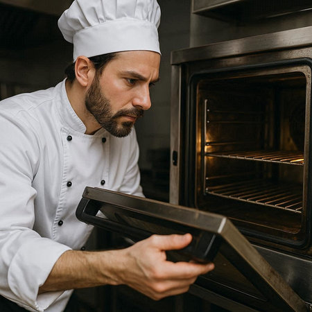 handsome bearded chef in white uniform cooking in oven at restaurant kitchenの写真素材
