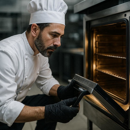 Portrait of a male cook in the kitchen of a restaurant.の写真素材