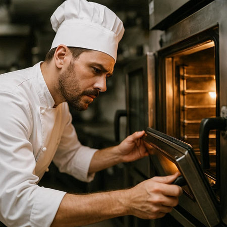Portrait of a male chef in a white uniform and hat cooking in a restaurant kitchen.