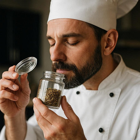 Close up portrait of a bearded male chef in uniform holding a glass jar with spices.