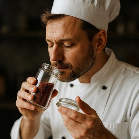 Close-up portrait of a concentrated male chef in uniform holding a jar with ground coffee.の写真素材