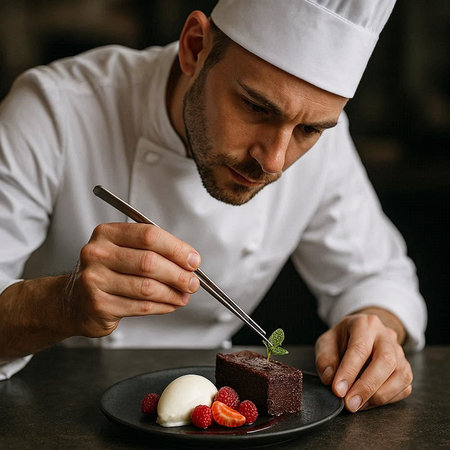 Chef decorating chocolate cake with fresh berries and ice cream in restaurant