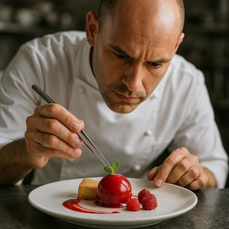 Male chef in white uniform decorates dessert with fresh raspberriesの写真素材