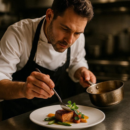 Handsome chef in a white apron is decorating a dish in a restaurant.の写真素材