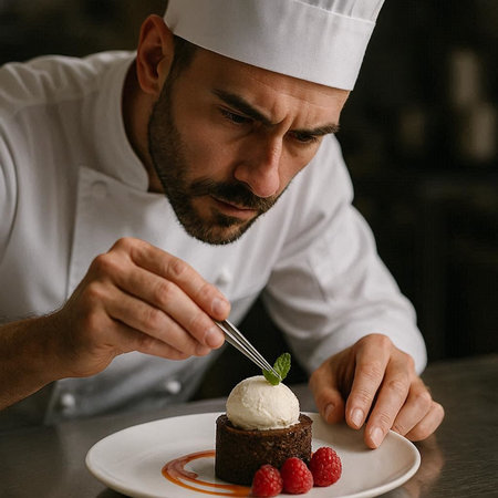 Chef in white uniform decorating chocolate cake with raspberry and ice creamの写真素材