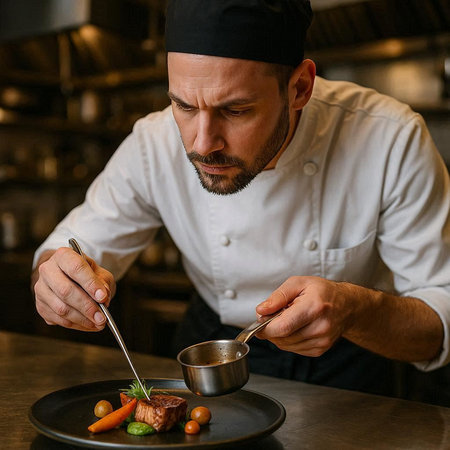 Bearded man in a white chef uniform is preparing food in a restaurant.