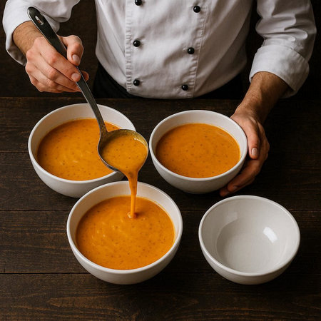Chef in a white shirt is preparing pumpkin soup on a dark wooden background.の写真素材