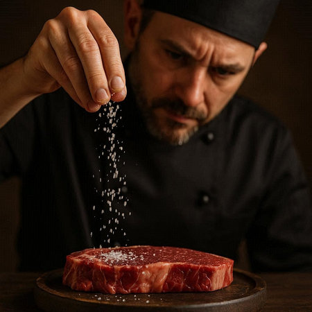 The chef sprinkles salt on a piece of raw meat on a wooden board
