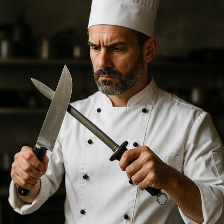 Portrait of a bearded male chef holding a knife in his hand.の写真素材