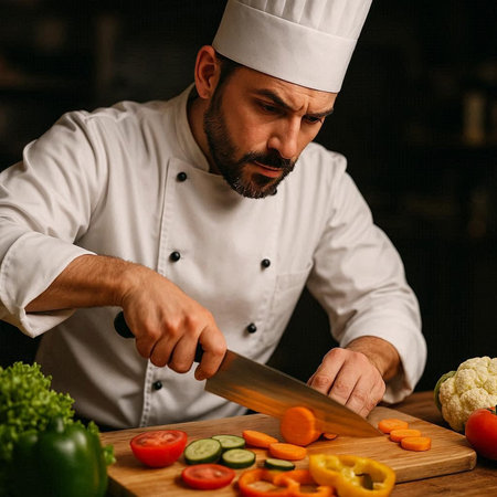 Chef cutting vegetables in the kitchen at the restaurant. Cooking food concept.