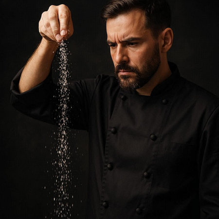 Portrait of a bearded male chef sprinkling flour on black background