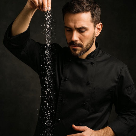Handsome bearded male chef in black uniform sprinkling sugar on black backgroundの写真素材