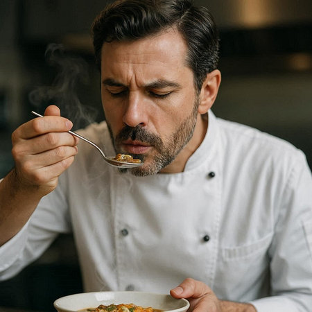Close up of a man in a white shirt eating a meal in a restaurant