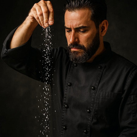Handsome bearded male chef in black uniform sprinkling water on black background