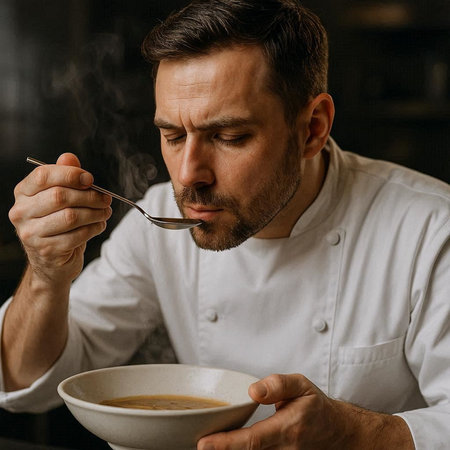 Close-up portrait of a handsome bearded male chef in a white uniform holding a bowl of soup and...