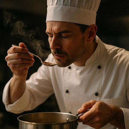 Close-up portrait of a professional chef preparing food in the kitchen