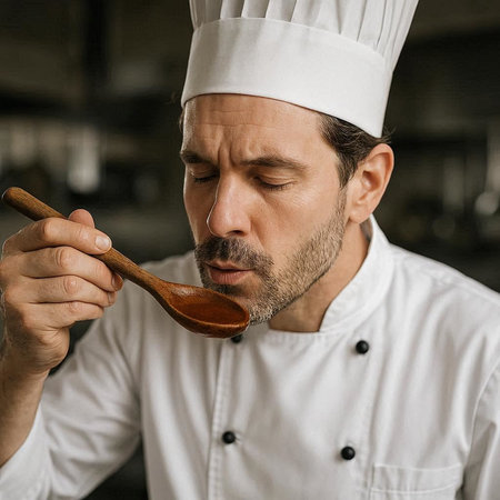 Portrait of a male chef with a wooden spoon in his hand
