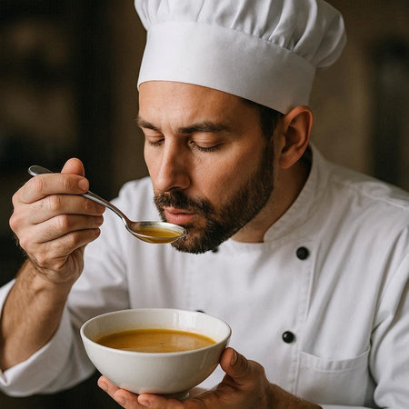 Portrait of a bearded male chef in a white uniform holding a bowl of coffee