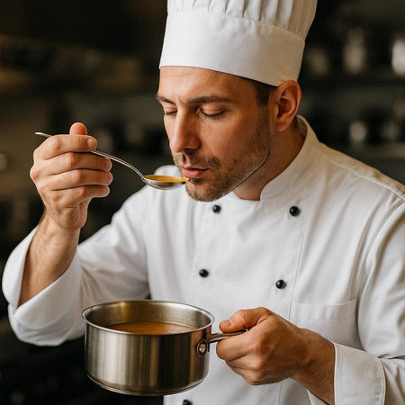 Portrait of a male chef in uniform cooking soup in the kitchen