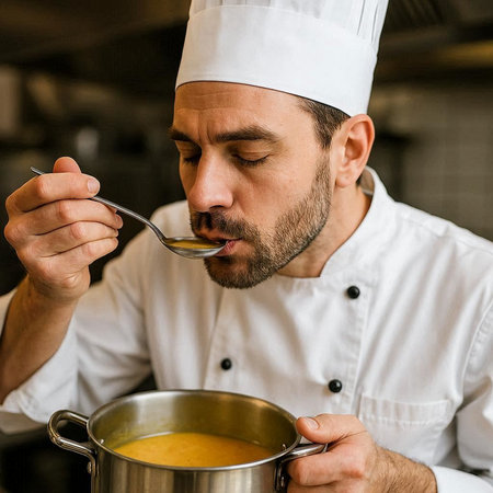 chef in hotel kitchen preparing food, eating soup with spoon and smiling
