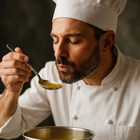 Chef tasting soup in a restaurant kitchen. Chef tasting soup in a restaurant kitchen.