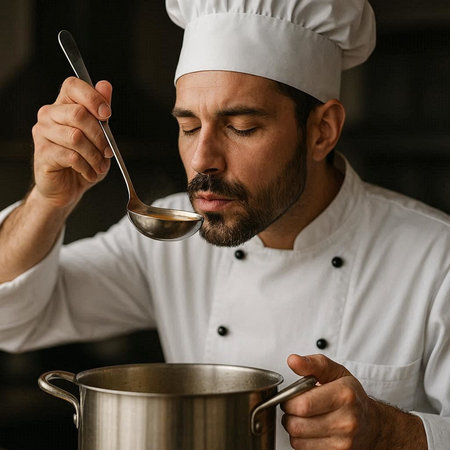 Portrait of a bearded male chef in a white uniform with a ladle in his hands.