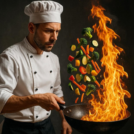 Portrait of a male chef cooking vegetables in a wok.