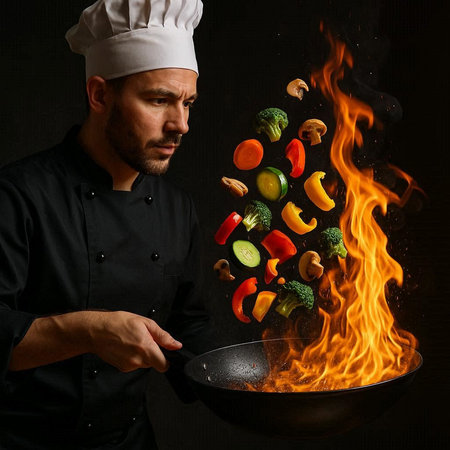 Chef cooking vegetables in a wok on a dark background.