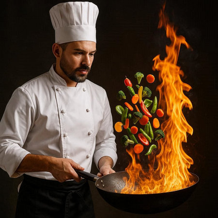 Chef with frying pan and vegetables on fire over dark background.