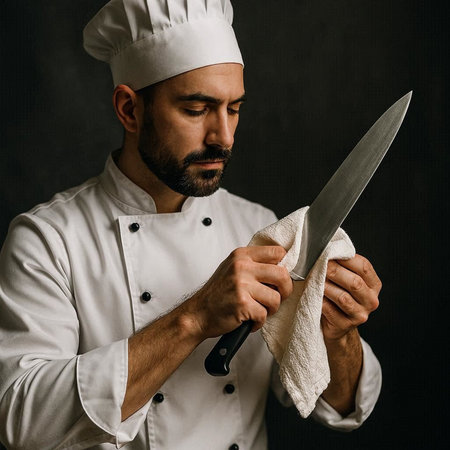 Chef with a knife in his hand on a dark background.