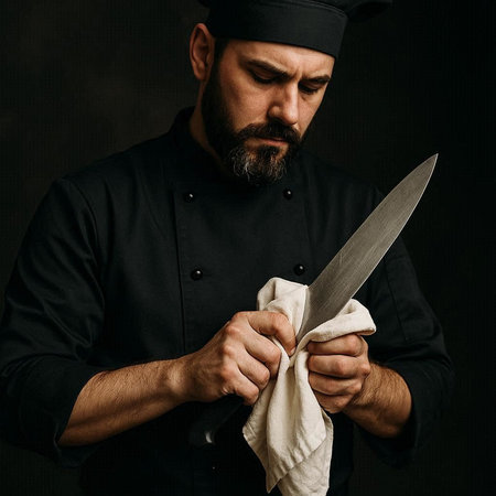 Portrait of a bearded chef with a knife on a dark background
