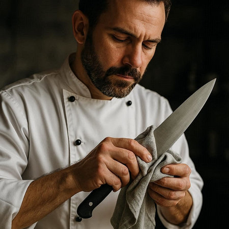 Portrait of a mature male chef in uniform holding a kitchen knife.