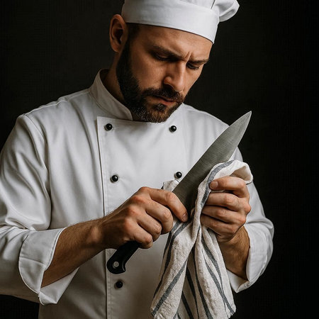 Portrait of a bearded male chef with a knife in his hands