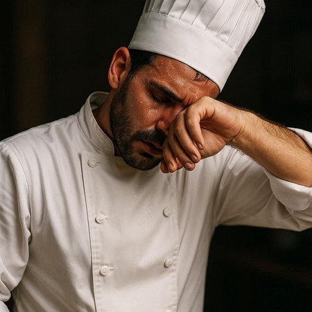 Portrait of a bearded male chef in a white uniform and hat.